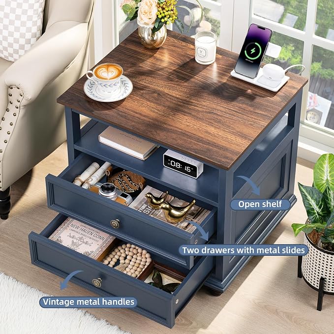 Joaxswe Farmhouse Nightstand Set of 2 with Charging Station, 24" Wide End Table with 2 Drawers,Wood Dresser for Bedroom,Bed Side Table Chest of Drawers Cabinet,Navy BlueNight Stand for Living Room
