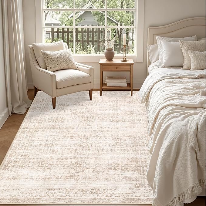 6x9 Area Rugs Living Room: Washable Rug for Bedroom Beige Brown | Boho No Slip Stain Resistant Rug Soft Indoor Decor Floor Floral 6x9 Area Rugs for Dining Room, Nursery, Hallway, Home Office