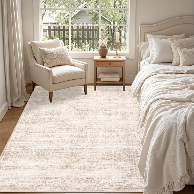 5x7 Area Rugs Living Room: Washable Rug for Bedroom Beige Brown | Boho No Slip Stain Resistant Rug Soft Indoor Decor Floor Floral 5x7 Area Rugs for Dining Room, Nursery, Hallway, Home Office