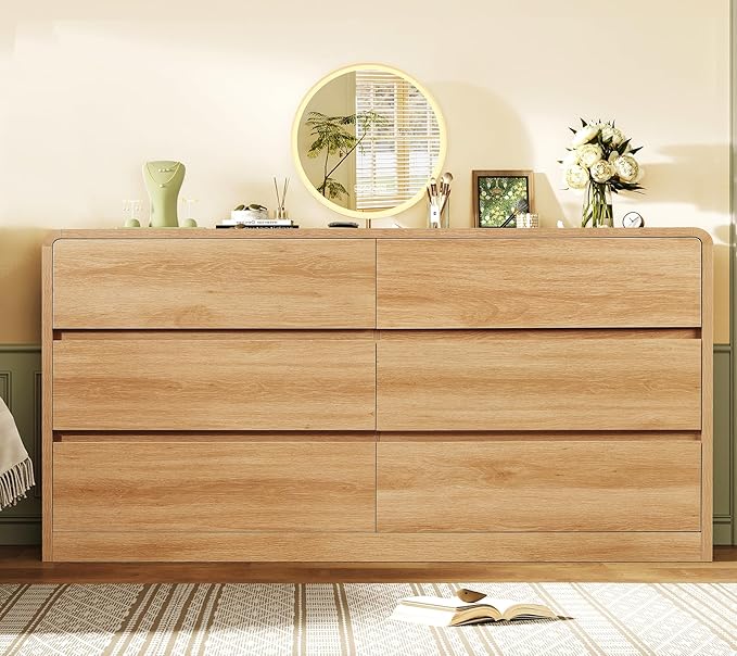 TEENFON 55" Dresser for Bedroom with 6 Drawers, Dressers & Chests of Drawers with Curved Profile Design, 6 Drawer Dresser, Bedroom Dressers, Wood Dressers for Bedroom, Hallway, Natural