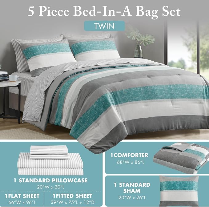 Madison Park Essentials Twin Comforter Set, Bed in A Bag Comforter & Sheet Set, Modern Casual Stripes Print, All Seasons, Soft Microfiber Bedding Makeover, Matching Shams, Twin Aqua/Grey 5 Piece