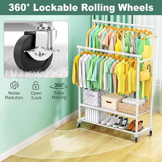 Double Rods Clothes Rack for Hanging Clothes, Heavy Duty Rolling Clothing Rack with Wheels, Freestanding Garment Racks with Oxford Bottom Shelf and Mesh Bottom Shelf for Bedroom Laundry (White)