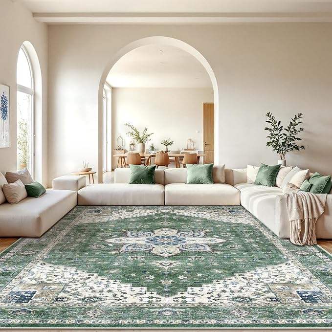 AMADA HOMEFURNISHING 10x14 Washable Area Rug, Low-Profile Large Area Rug with Non-Slip Backing & Durable Edge Binding, Vintage Large Rugs for Living Room, Bedroom & Dining Room