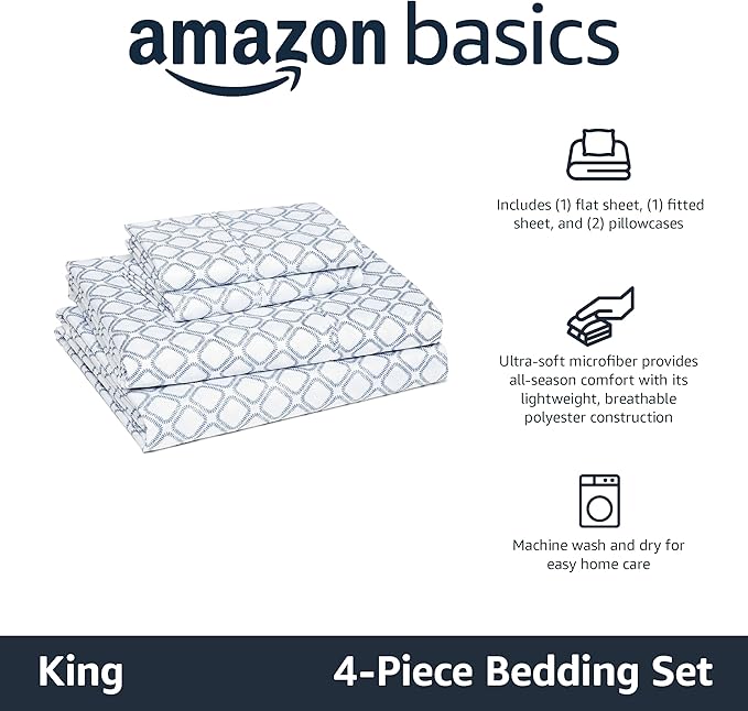 Amazon Basics Lightweight Microfiber 4-Piece Bed Sheet Set, King, Aqua, Printed