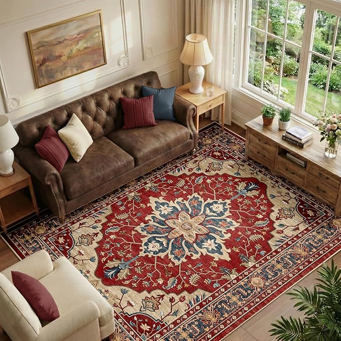 RELEANY Washable Area Rug, 6'x9', Red/Blue | Non-Slip, Water Repellent, Pet Friendly, Easy to Clean, Vintage Floral Boho Decor for Living Room Bedroom Dining Room Office