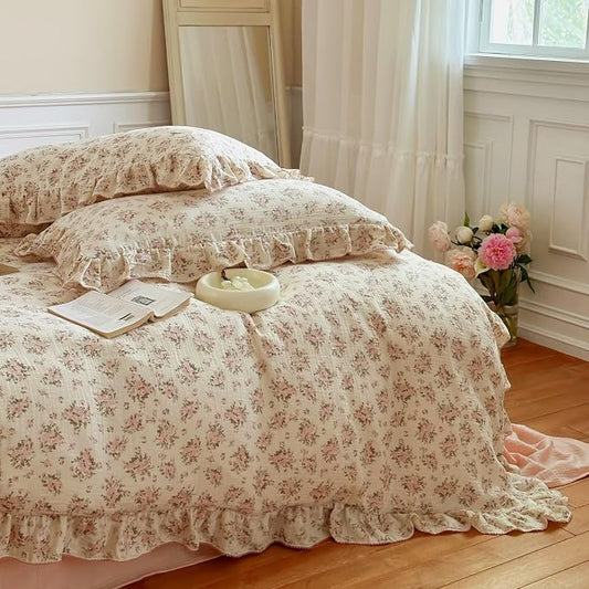 Cottage Pink Floral Duvet Cover King, Muslin Comforter Cover with Ruffles, Princess Bedding Quilt Cover with Zipper & Corner Ties,90"x90", No Pillow Case, Soft Breathable Lightweight