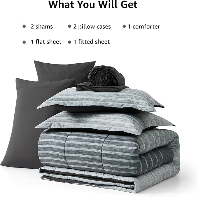 Monbix King Size Comforter Set, 7 Pieces Soft Bed in a Bag King Bedding Set | All Season Grey Striped Reversible Lightweight Comforter with Sheets, Pillowcases & Shams
