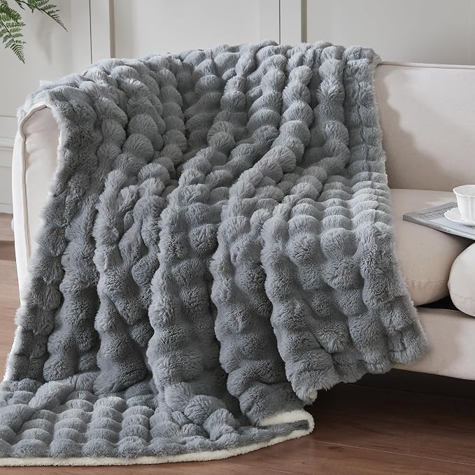 50x60 Inches Ultra-Soft Fuzzy Faux Fur Plush Throw Blanket - Thick, Warm Sherpa for Couch, Sofa, Bedroom, Camping - Decorative Blanket for Cozy Warmth, Bubble Grey