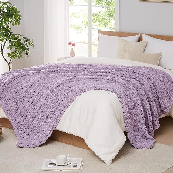 L'AGRATY Chunky Knit Throw Blanket for Couch, 72'' x 84'' Knit Throw, Purple