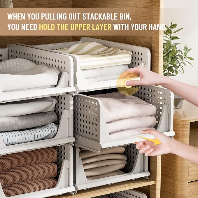 6 Pack Closet Organizer Storage Bins Stackable Plastic Drawer Shelf | Basket for Clothing Stackable Storage Bins Shelf Storage Container for Closet Wardrobe Bedroom Bathroom Office White Foldable