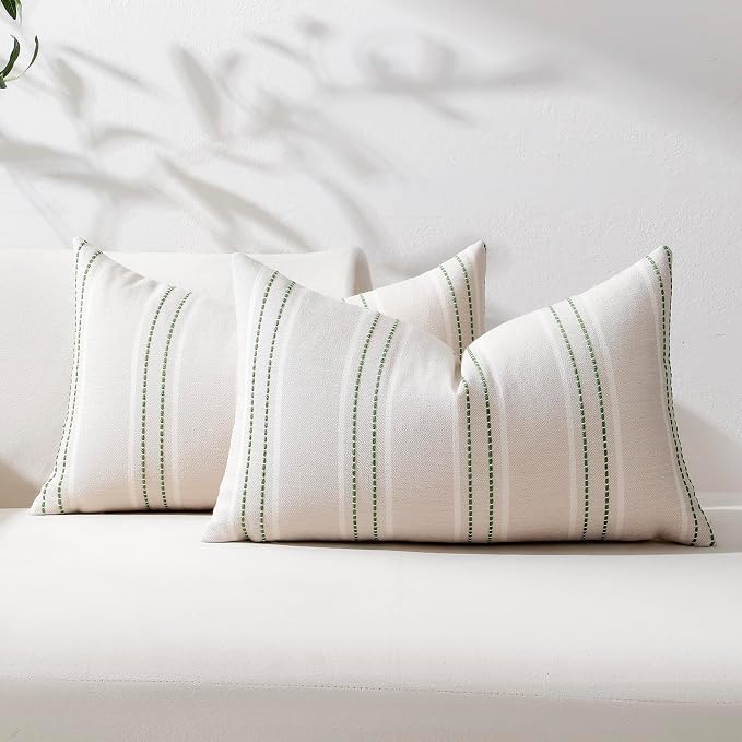 Hckot Striped Throw Pillow Covers 12x20 Set of 2 Grass Green Pillow Covers | Farmhouse Decorative Pillows Textured Linen Square Cushion Covers for Sofa Couch Bed Living Room Decor(Grass Green)