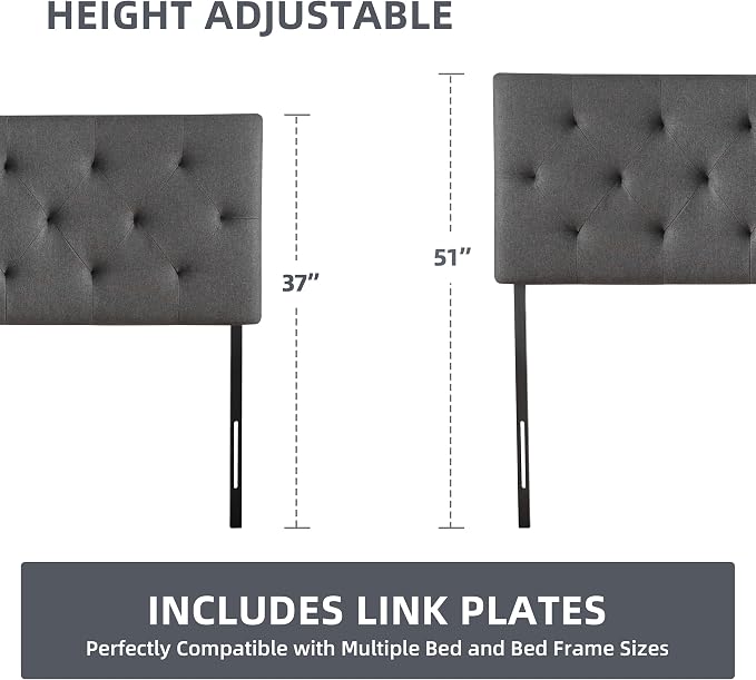 Linen Headboard King Size, Adjustable Height Headboard 37-51 in, Dark Gray | Diamond Tufting Solid Wood King Headboards, Durable Metal Legs, Upholstered King Head Board for Bed Frame, Modern Fabric