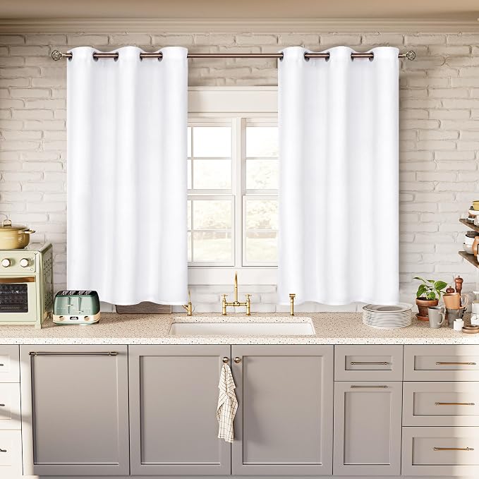 BGment Short Curtains for Small Window 45 Inch Long - Pure White 2 Panels | Grommet top, Room Darkening, Sunblock, Thermal Insulated, Window Drapes for Kitchen, 38x45 Inch