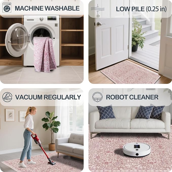 Washable 2'6" x 10' Runners for Hallways, Non Slip Long Floor Runner for Kitchen, Entryway Indoor, Stain Resistant Rubber Backing Floral Decor Rug (Pink)
