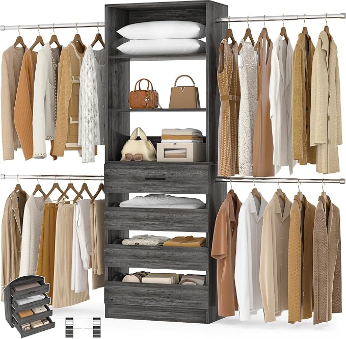 Aheaplus Closet System,4-9Ft Closet Organizer with 4 Wood Drawers,Black Oak | Wood Closet Organizer System with Tower, Walk-in Closet Organizer Wardrobe Clothes Rack with 4 Hanging Rods, Garment Rack