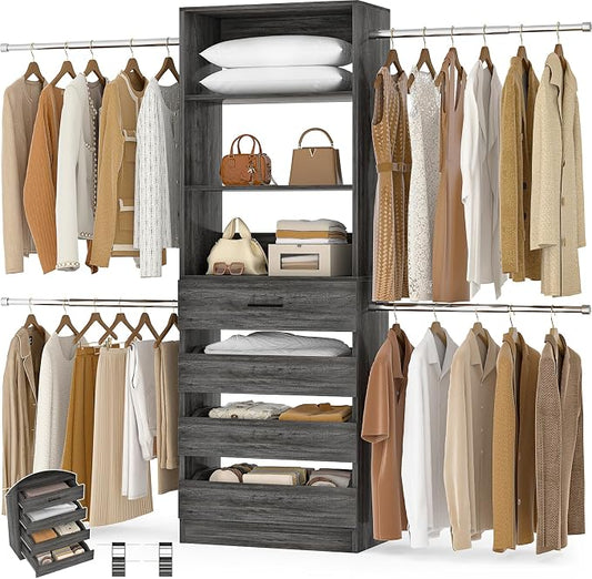 Aheaplus Closet System,4-9Ft Closet Organizer with 4 Wood Drawers,Black Oak | Wood Closet Organizer System with Tower, Walk-in Closet Organizer Wardrobe Clothes Rack with 4 Hanging Rods, Garment Rack