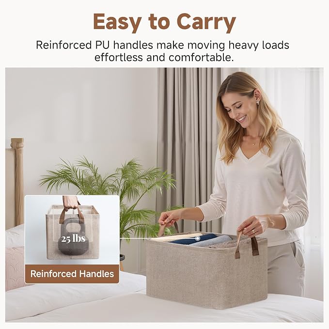 StorageWorks Storage Bins, Storage Baskets, Brown and Beige, 2-Pack | With Reinforced PU Handles, Metal Frame, Collapsible, Storage Basket for Shelves, Closet, Holds Clothes, Towels, Blankets