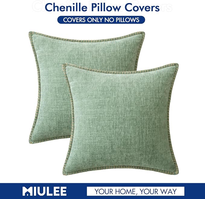 MIULEE Decorative Couch Throw Pillow Covers 20x20 Inch Greyish Green 2 Pack | Farmhouse Pillow Covers with Stitched Edge, Soft Chenille Cushion Cases, for Sofa Bed Living Room Home Decor