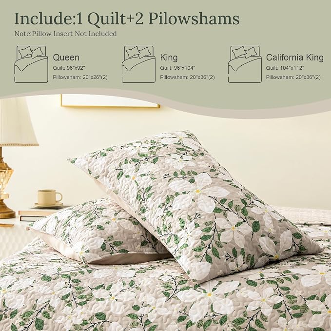 Whale Flotilla California King Size Quilt Set, Soft Floral Leaf Bedspreads | Reversible Lightweight Oversized Quilt Bedding Set for Bed, White Bone Printed Coverlets with 2 Pillow Shams for All Seasons