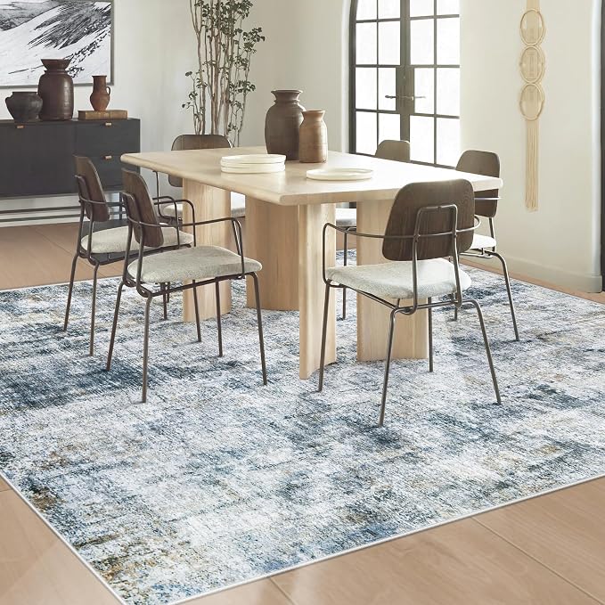 6x9 Area Rugs Washable Rug: Abstract Neutral Rugs Modern Non Slip Area Rug Stain Resistant Low Pile Indoor Carpet for Dining Room Bedroom Nursery Office (Multi Blue, 6'x9')