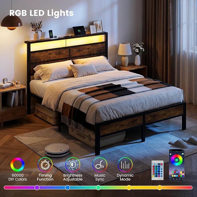 Queen Size Bed Frame with LED Lights and USB Type C Charging Headboard | Brown Metal Platform Bed, Charging Station, Storage Shelf, Noise Free, No Box Spring Needed