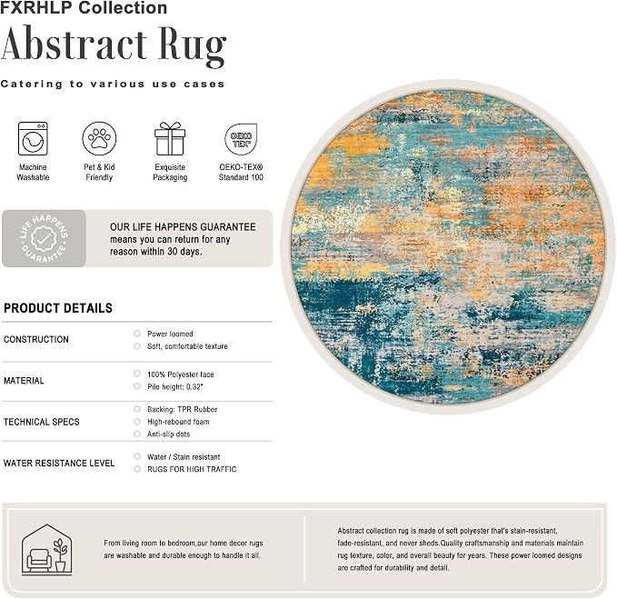 Round Area Rug Living Room: 6 ft Modern Washable Indoor Carpet | For Bedroom Dining Room Farmhouse Nursery Hallway Office,Modern Abstract,Machine washable,Non-Slip,Stain Resistant,Indoor
