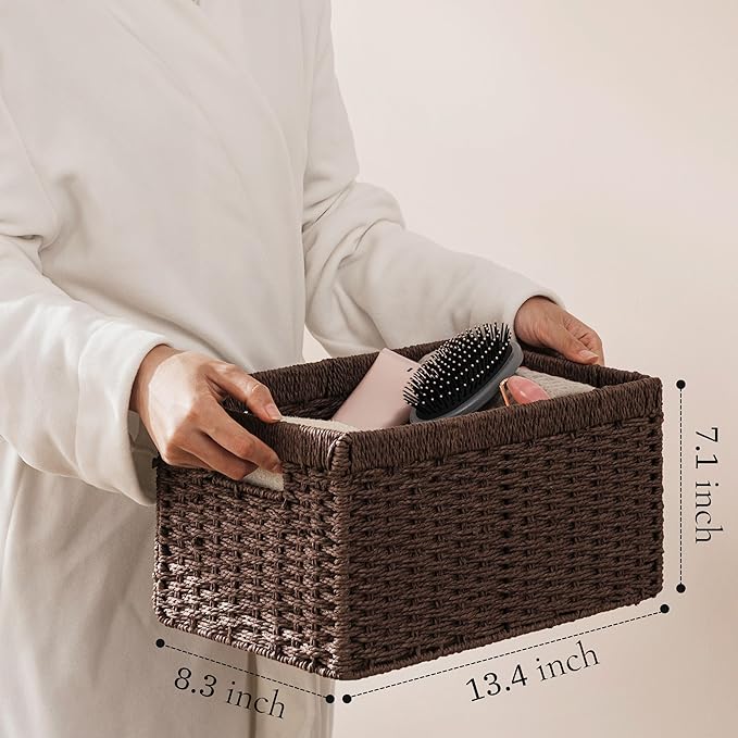 UBBCARE 2 Pack Wicker Basket, 13.4L×8.3H×7.1W inch Woven Paper Rope Storage Baskets for Shelves, Foldable Rectangular Storage Baskets with Handle, Storage Basket for Organizing, Dark Brown