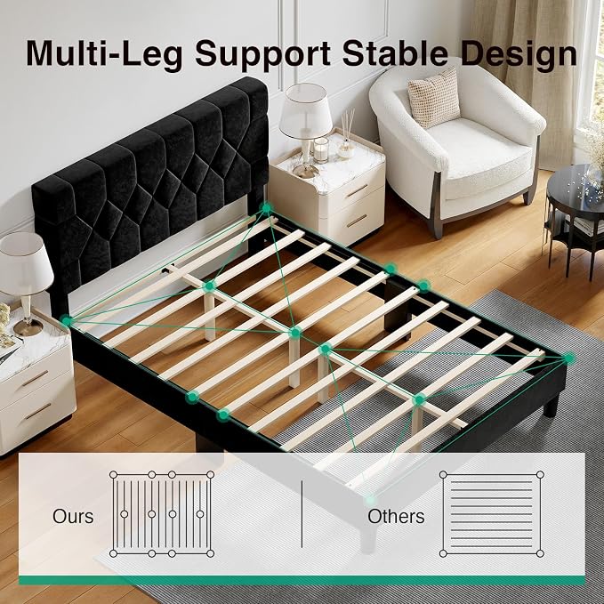 Novilla Queen Bed Frame with Headboard, Bed Frame Queen Size with Wood Slats Support, Velvet Upholstered Pull-Point Headboard, No Box Spring Needed, Heavy Duty Feet, Easy Assembly, Black Velvet