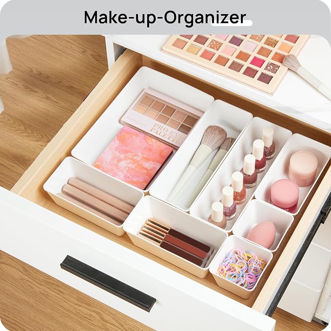 Vtopmart 25 Pack Plastic Drawer Organizers with Non-slip Rubber Pads | 4-Size Versatile Makeup Organizer, Storage Containers Small Bins for Makeup, Jewelries, Bedroom, Kitchen Utensils and Office