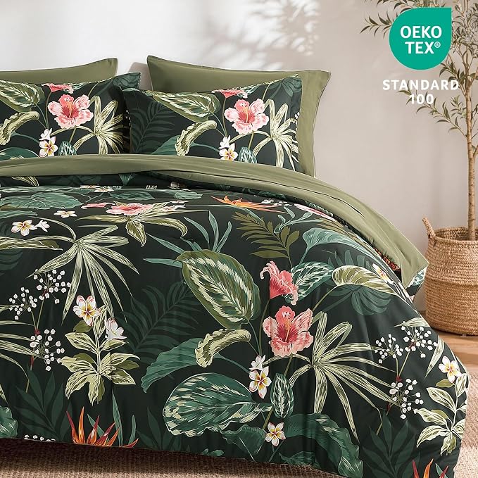 Full Size Comforter Sets - 7 Pieces Floral Bed in a Bag Full Bedding Set | Dark Green Botanical Flowers Comforter Set with Sheets, Pillowcases & Shams for All Seasons