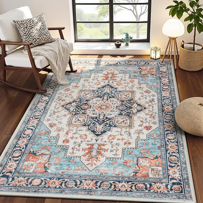 3x5 Washable Area Rugs for Living Room Bedroom Ktichen, Soft Boho Indoor Rug Non Slip, Vintage Carpet Low Pile for Dorm Office Dining Room Kids Room Hallway Entryway Bedside, Orange/Blue