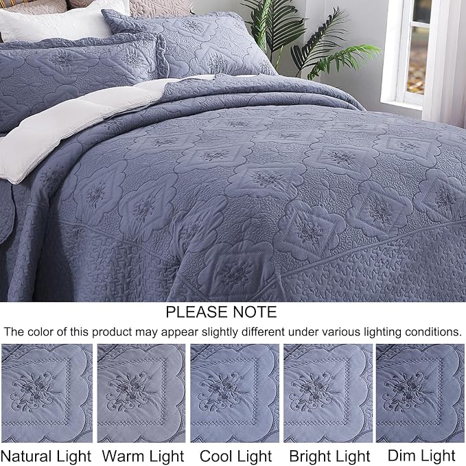 Cmfshape Oversized Floral Embroidery Quilt Set,3 Pieces Super King Quilt Bedding Set,Classic Diamond Pattern Quilt,Ultra Soft Lightweight Bedspread Coverlet for All Season(Bluish Grey,120"x120")