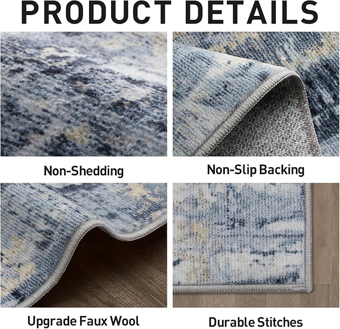 9x12 Area Rugs for Living Room: Washable Abstract Blue Gold Badroom Carpet | Non-slip TPE backing makes this washable soft low-pile rug safe & durable, Pet-friendly decor for dining room,nursery,office