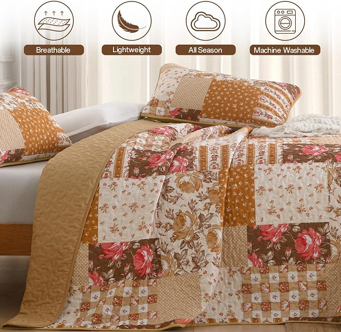 Quilt Set Queen Size, Brown Orange Patchwork Fall Bedding Set | Farmhouse Floral Plaid Bedding Set with Red Flower Pattern, 3 Pieces Soft Microfiber Reversible Bed Cover for All Season