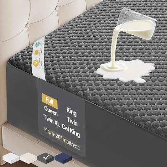OhGeni 100% Waterproof Mattress Protector, Full-Gray Size Mattress Pad, Fits 6"-20" Mattresses with Deep Pocket, Cooling, Breathable Fitted Sheets, Washable Bed Cover Over 99 Count Hex Bumps