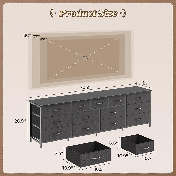 Huuger 70 Inch Long Dresser for Bedroom, TV Stand for 65, 75, 80 Inch TV | 13 Large Fabric Drawer, Large Entertainment Center for Bedroom, Wide Chest of Drawer with Storage, Black