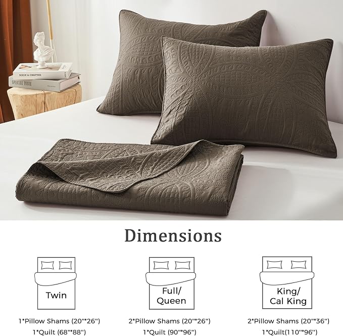 akkialla Mocha Brown King/Cal King Quilt Set,Ultrasonic Lightweight Bedspread Coverlet for Modern Minimalist Bedroom,Soft Microfiber Coin Pattern Bedding,3-Piece (1 Quilt,2 Pillow Shams)