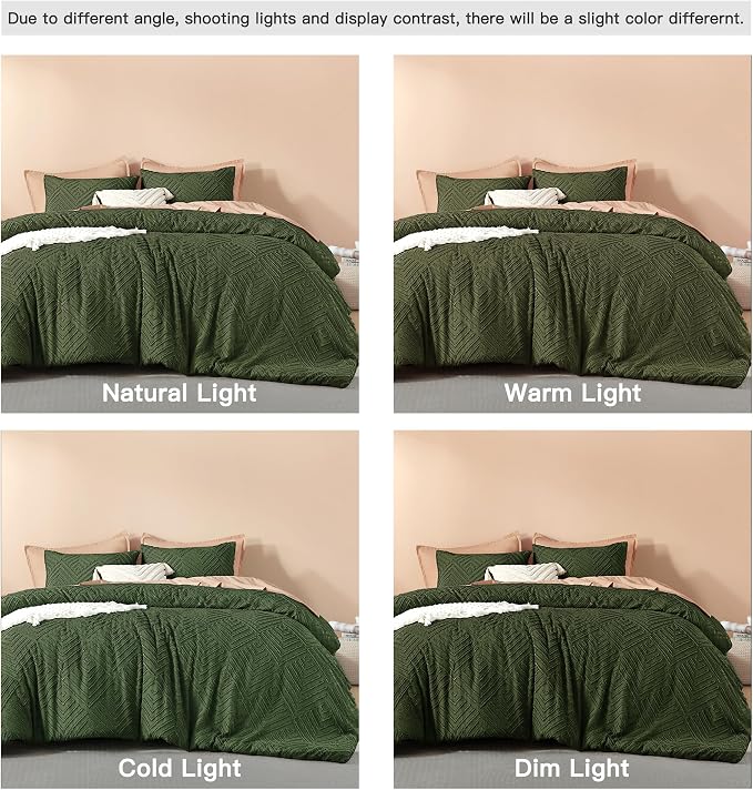 Litanika Super King Size Comforter Set, 3 Pcs Tufted Boho Bedding Set | Olive Green Farmhouse Shabby Chic Vintage Bohemian Textured Aesthetic Soft Fluffy Lightweight Breathable All Season Bed Set