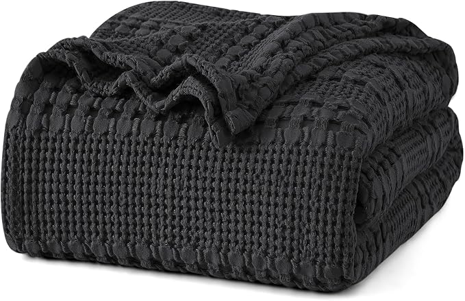 PHF Lightweight 100% Cotton Waffle Blanket for Bed, Queen, Black | Pre-Washed Soft Cotton Comfort, Breathable Layering Warmth for Fall & Winter, Bed, Sofa, Couch, Home Decor & Gifts