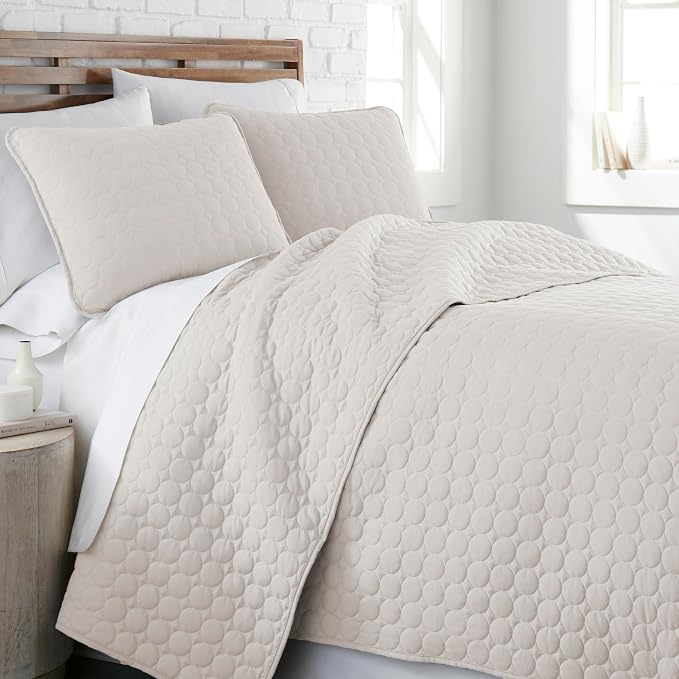 Southshore Fine Living, Inc. Quilted Summer Bedspread, Summer Bedding Sets Queen with 2 Quilted Pillow Shams, Geometric Circle Design Coverlet Queen/Full Size Bedspread, Lightweight Quilt, Bone