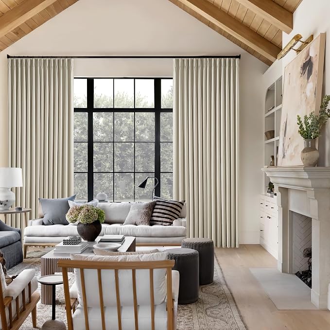 Burlywood Birch 100% Blackout Pinch Pleated Linen Curtains 95 Inches Long | Insulated Thermal Heat Reducing, Memory Shape, for Bedroom Living Room, Taupe Pleated Curtains with Hooks Rings, 2 Panels