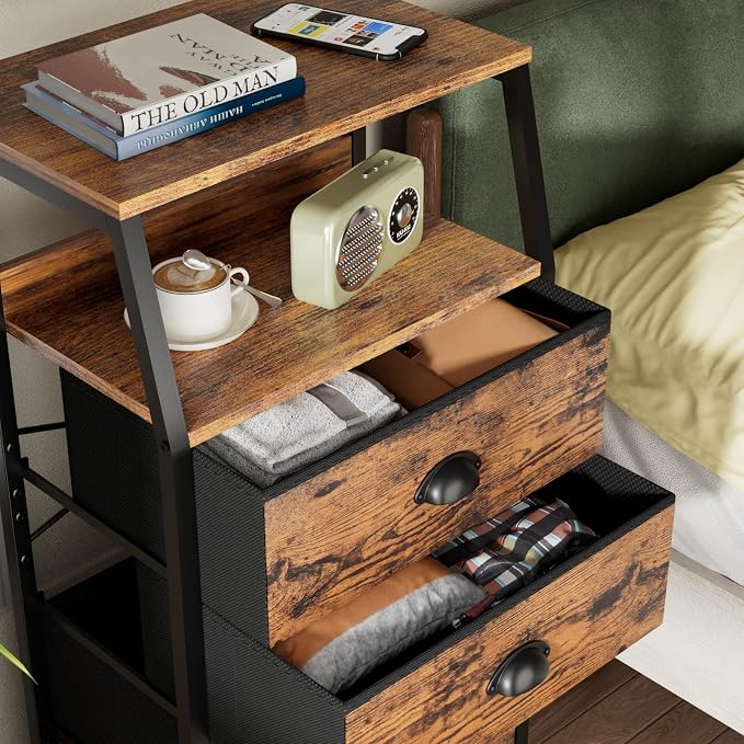 Furnulem Dresser for Bedroom, 5 Drawers Tall Nightstand, Chest of Drawers | Rustic Brown Dresser for Closet, Bedside Table with Fabric Drawer, Metal Frame, Wood Top, Easy Assembly for Dorm, Living Room