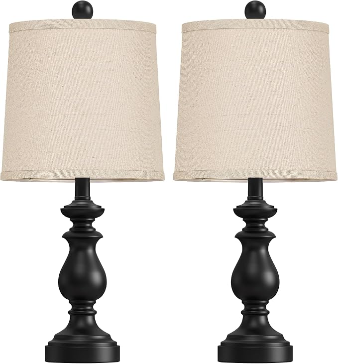 Traditional Table Lamp Set of 2, Rustic Farmhouse Table Lamps for Living Room Bedroom, 22" Bedside Desk Lamps Vintage Nightstand Lamps with Linen Shades, Black