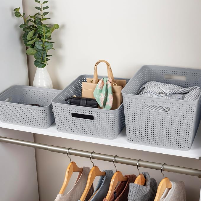 Sterilite 8 Pack Plastic Storage Bin Organization Containers, Small Baskets, Cement
