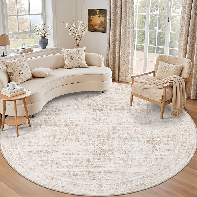 Round Area Rug for Living Room: 6ft Boho Washable Rug Beige Brown | Vintage Boho Soft Round Rug Indoor Floor No Slip Carpet Stain Resistant Rugs for Bedroom Dining Room Nursery Home Office