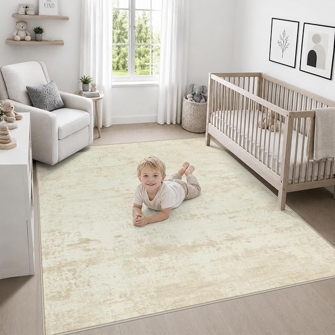 Area Rug Living Room: 5x5 Modern Washable Indoor Soft Carpet Beige | For Bedroom Dining Room Farmhouse Nursery Hallway Office,Modern Abstract,Machine washable,Non-Slip,Stain Resistant,Indoor