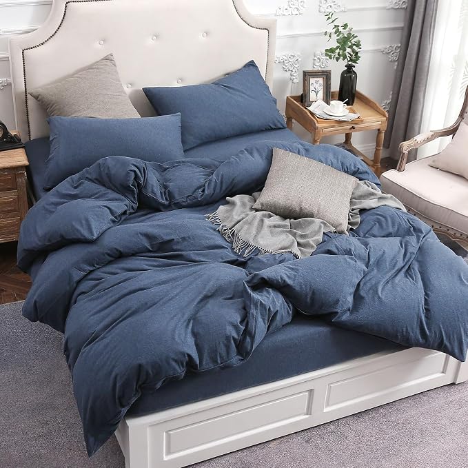 PURE ERA Jersey Knit Sheet Set Heather Navy Blue Queen | 100% Cotton, 3 Piece Set, T Shirt Soft, Breathable, Envelope Closure Pillowcases, Hidden Zipper, 8 Ties, No Insert, Modern