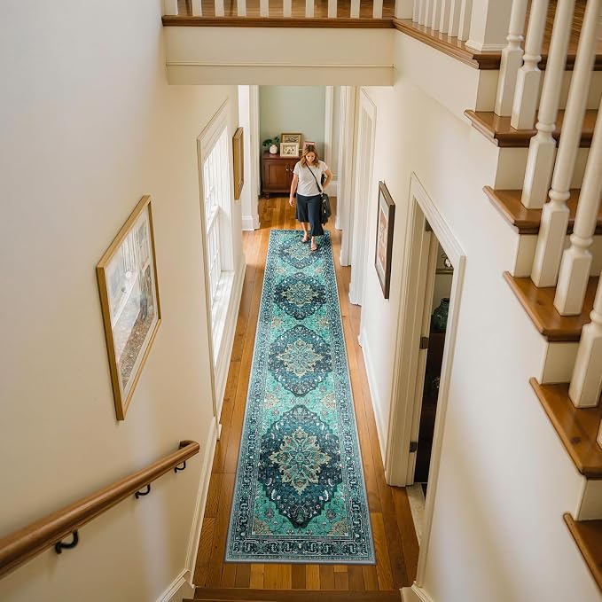 RELEANY Washable Area Rug, Runner 2'x10', Teal | Non-Slip, Water Repellent, Pet Friendly, Easy to Clean, Vintage Floral Boho Decor for Kitchen Hallway Bedroom Laundry