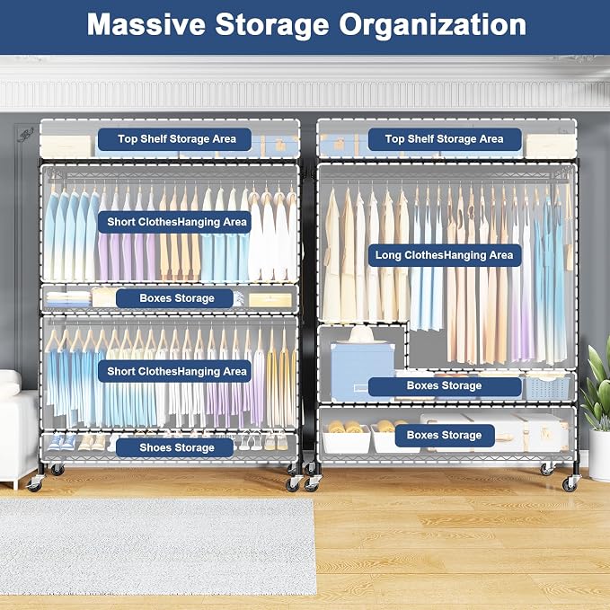 P8C Max Heavy Duty Clothes Rack（With Extended Width Design） Rolling Clothing Racks for Hanging Clothes with Lockable Wheels，51.2" W x 15.8" D x 80.5" H，Load 800LBS，Black Rack with Grey Cover