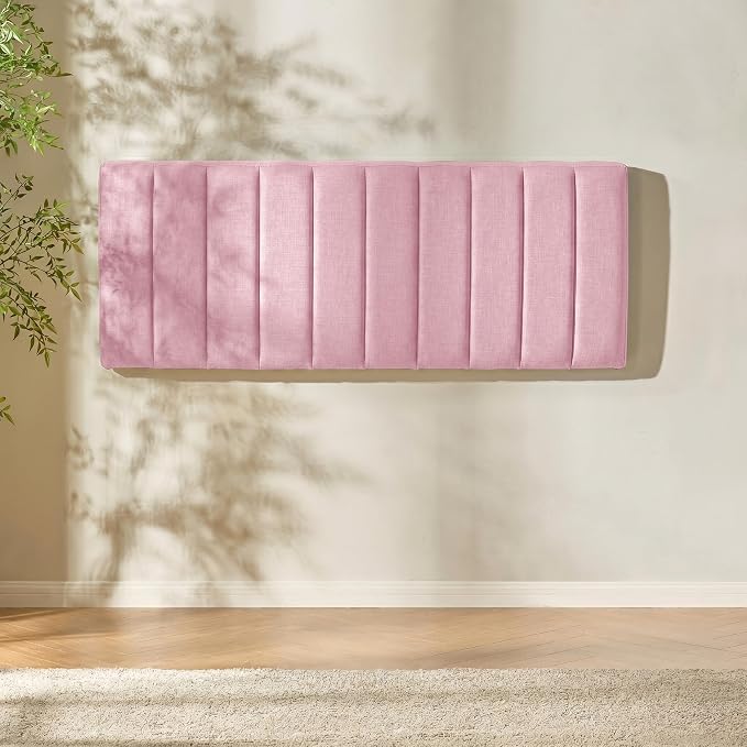 Hearth & Harbor Wall Mounted Queen Headboard Only, Bed Headboard Queen Size | Easy Assemble, Floating Peel and Stick, Upholstered, Channel Stitched, 3D Wall Panels, 5 Strips of 3M Tape Included, Pink